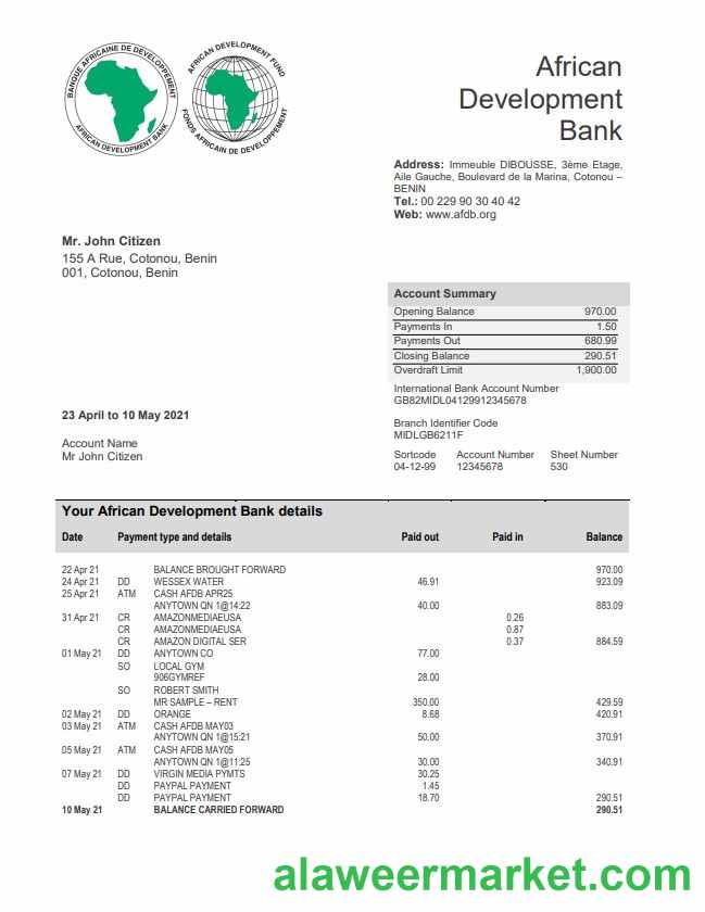 Benin African Development Bank statement